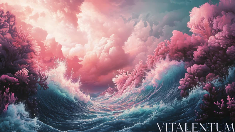 Pink cloudscape over stylized coral waves in seascape scene.
