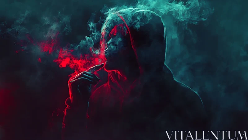 Hooded silhouette exhales neon vapor in cinematic cyber-noir lighting