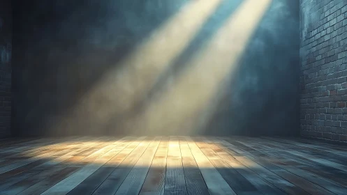 Sunlit wooden floor in empty brick room with hazy atmosphere.