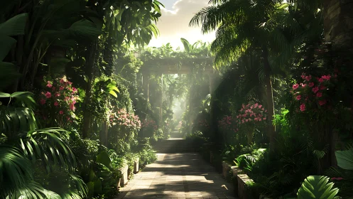 Sunlit tropical garden walkway with dense lush foliage.