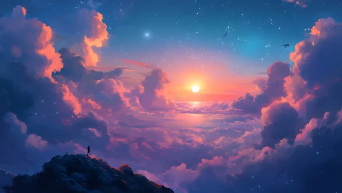 Dreamy sunset sky welcomes a lone traveler above the clouds