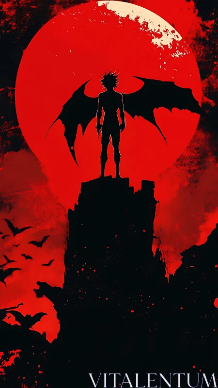 Silhouetted winged figure stands before large red moon