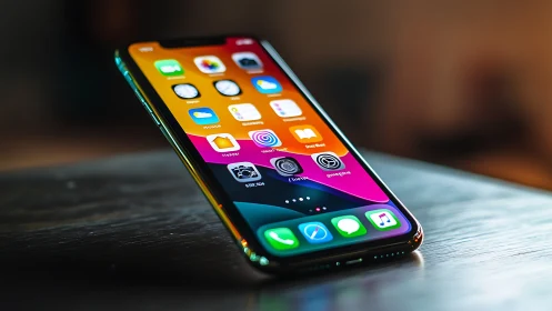 iPhone displaying app interface on wooden surface with blurred background.