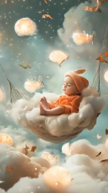 Infant in orange outfit resting on suspended cloud cradle.