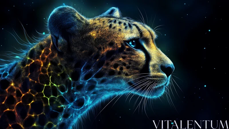 Neon cheetah profile in glowing cosmic night scene.