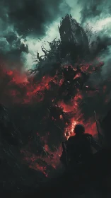 Warrior confronts towering hellfire demon below ruined citadel