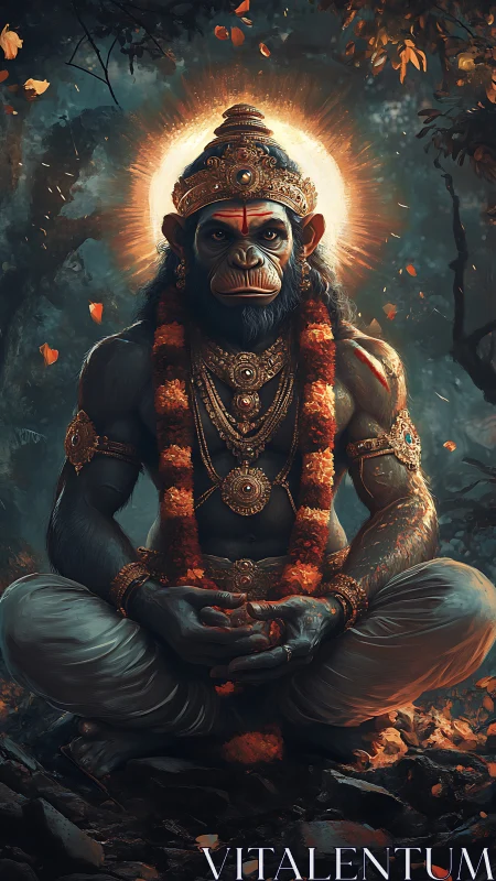 Simian deity in meditative pose rendered as ornate digital painting