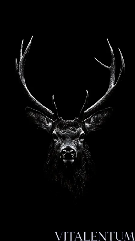Stag head with antlers in high contrast on black background.