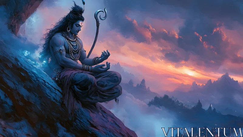 Divine yogi in twilight Himalayas, ethereal digital vista.