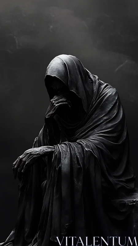 Brooding obsidian wraith seated in storm-stilled silence.