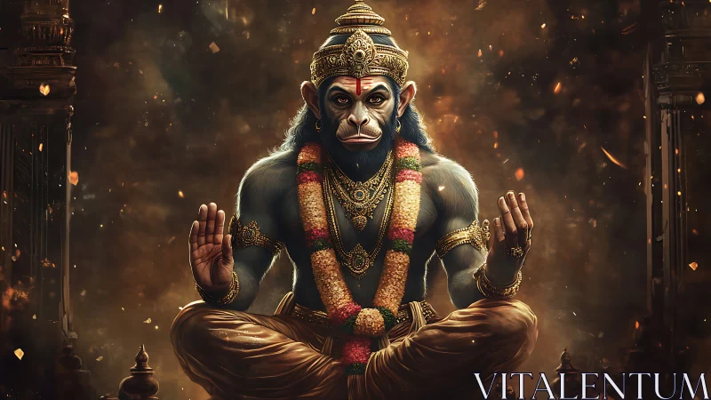 Simian deity figure sits cross legged in ornate temple space