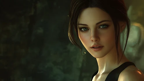 Digital portrait shows intense green-eyed woman in dim light