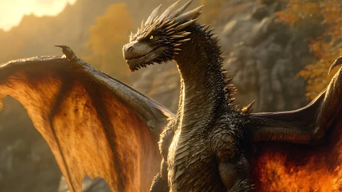 Majestic amber dragon basks in warm autumn mountain light.