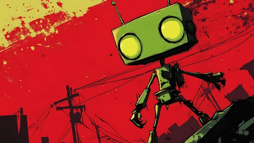 Neon-eyed scrapyard robot strides across a crimson sky