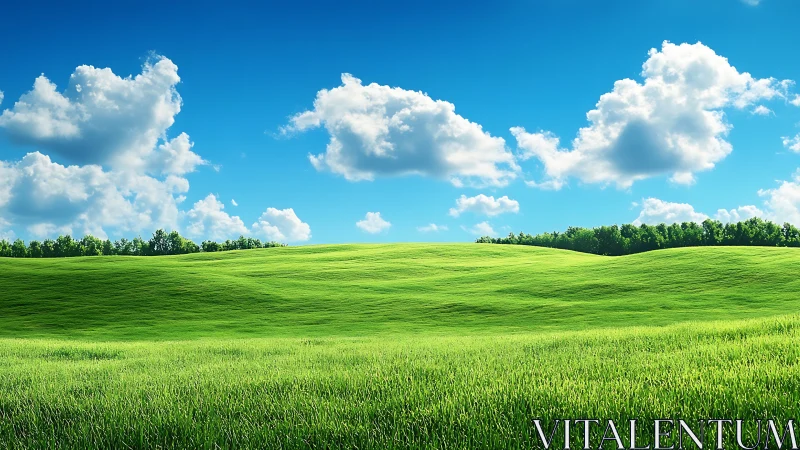 Green grassy hills under blue sky with scattered white clouds.