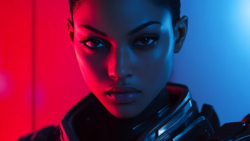 Futuristic soldier portrait under red and blue lighting.