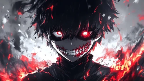 Demonic anime portrait renders fiery-eyed character in chiaroscuro