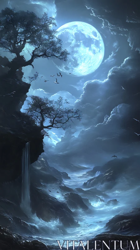 Large moon illuminates rocky coast with trees and waterfall