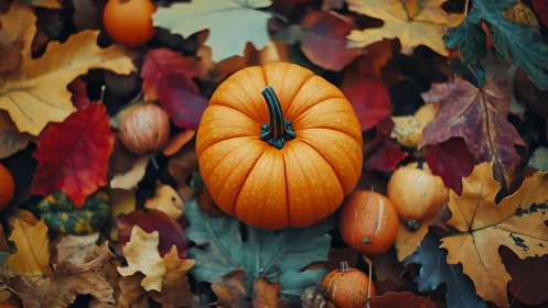 Pumpkin jewel glows in a swirling quilt of autumn leaves.
