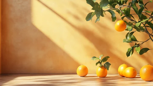 Sunlit oranges rest gently against a warm golden wall