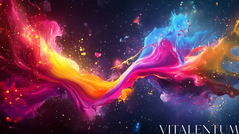 Vibrant cosmic splash of multicolored liquid in motion.