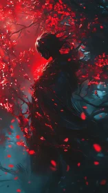 Silhouetted forest spirit dissolves into swirling red leaves