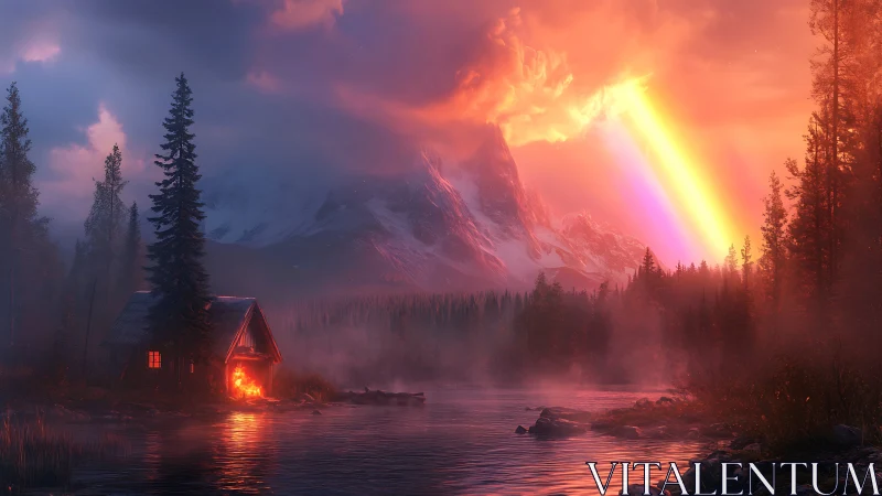 Cabin burns under radiant mountain storm and rainbow sky.