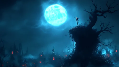 Moonlit skeletal figure stands on gnarled hill above town