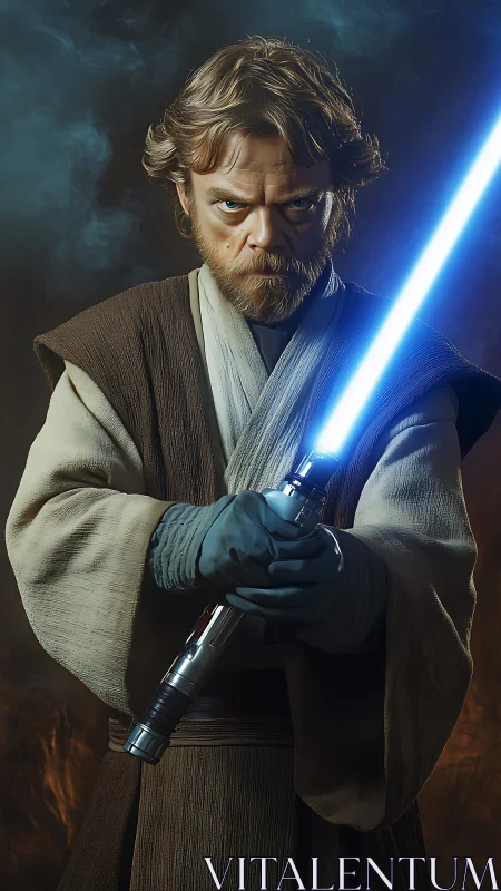 Bearded warrior in Jedi robes grips illuminated blue lightsaber