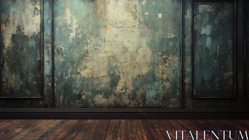 Weathered teal wall and wood floor in empty interior space.