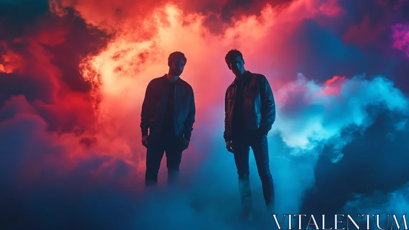 Backlit silhouettes in neon vapor, cinematic portrait construction.