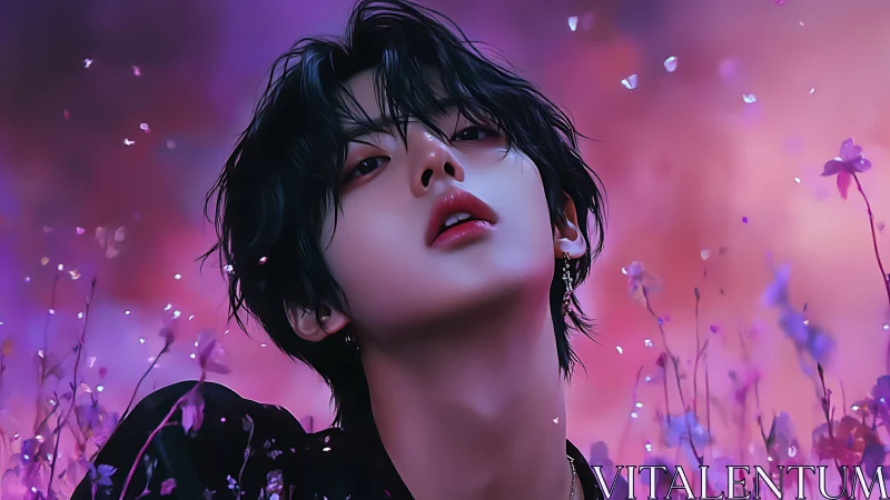 Velvet gaze beneath neon petals in a twilight bloomstorm.