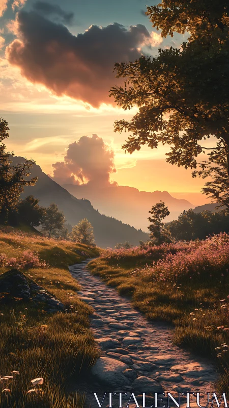 Stone path through meadow under layered sunset sky.