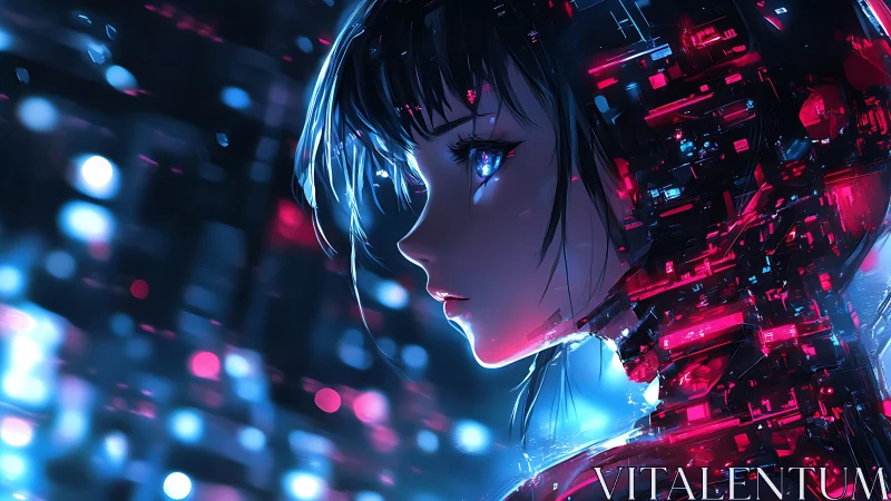 Neon cybernetic girl in luminous glitching cityscape profile.