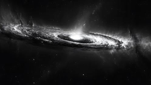 Spiral galaxy orbits luminous core in monochrome deep space