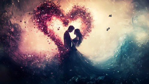 Two Hearts Dancing in Luminous Pink Particle Magic