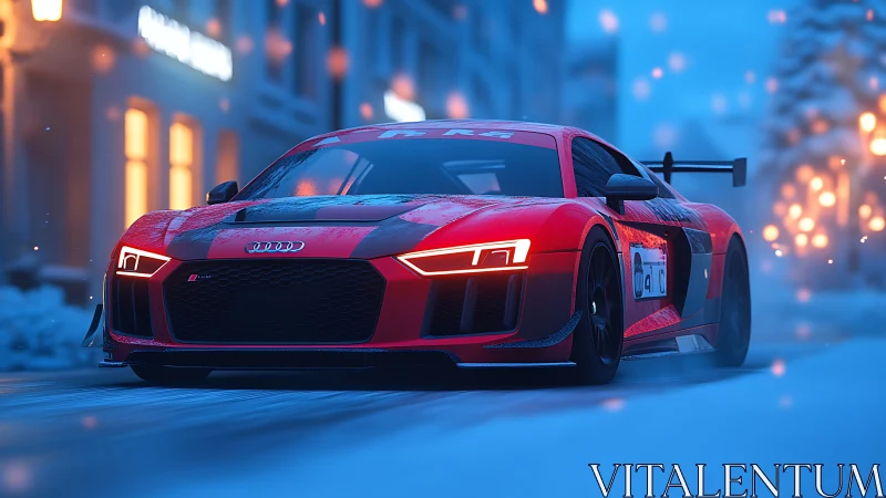 Aerodynamic GT racer cornering through illuminated winter streets.