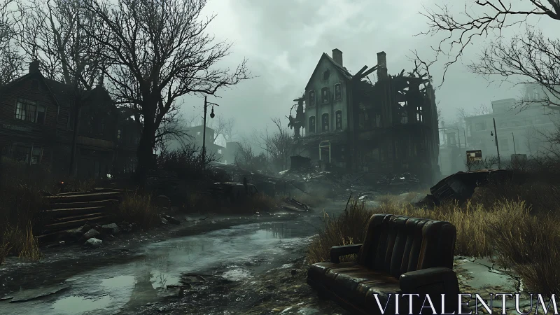 Soggy armchair stares down a brooding, half‑burned mansion