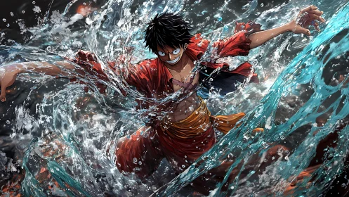 Storm-swept anime hero dives through crashing ocean waves