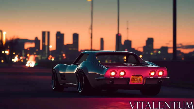 Classic muscle car glows against sunset city skyline.
