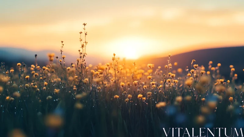 Golden wildflower meadow glows softly in a serene sunset.