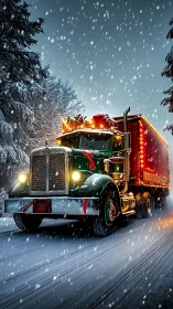Festive Christmas truck glowing along a snowy forest road.