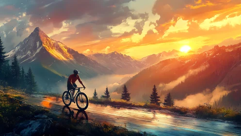 Cyclist on rocky terrain with mountain landscape at sunset