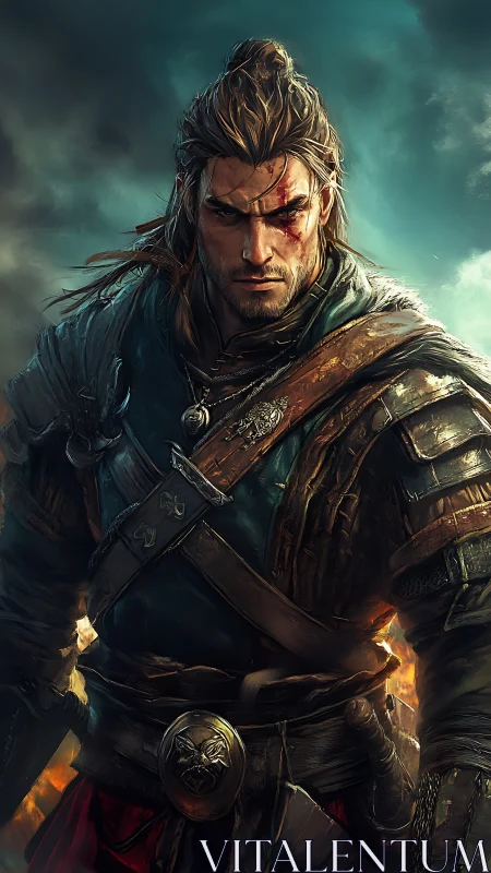 Battle-worn fantasy warrior under storm-lit cinematic sky.