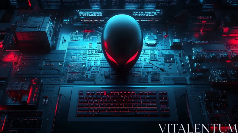 Alien-like cyber skull above illuminated gaming keyboard.