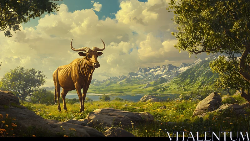 Long horned bull standing in bright alpine valley meadow.