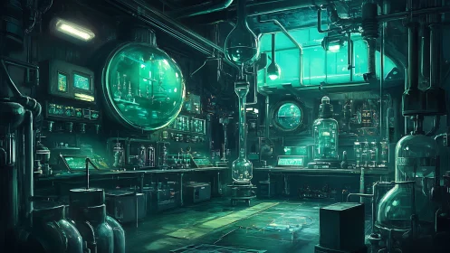 Futuristic teal laboratory glows with complex glass apparatus