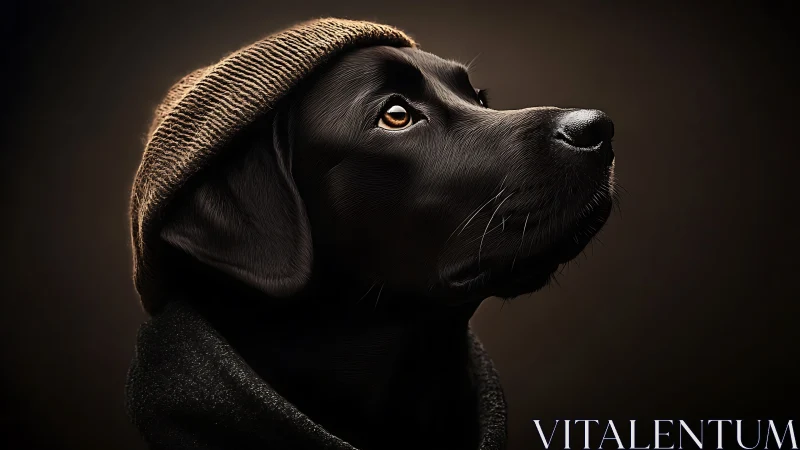Black dog wearing knit hat and coat looks upward in profile