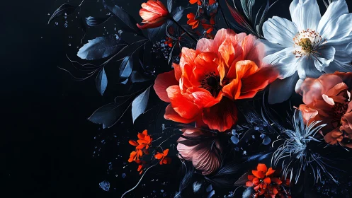 Volumetric Floral Arrangement Against Deep Black Background with Red and White Blooms