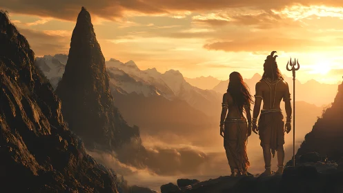 Figures on mountain ridge overlooking jagged peak at sunset.